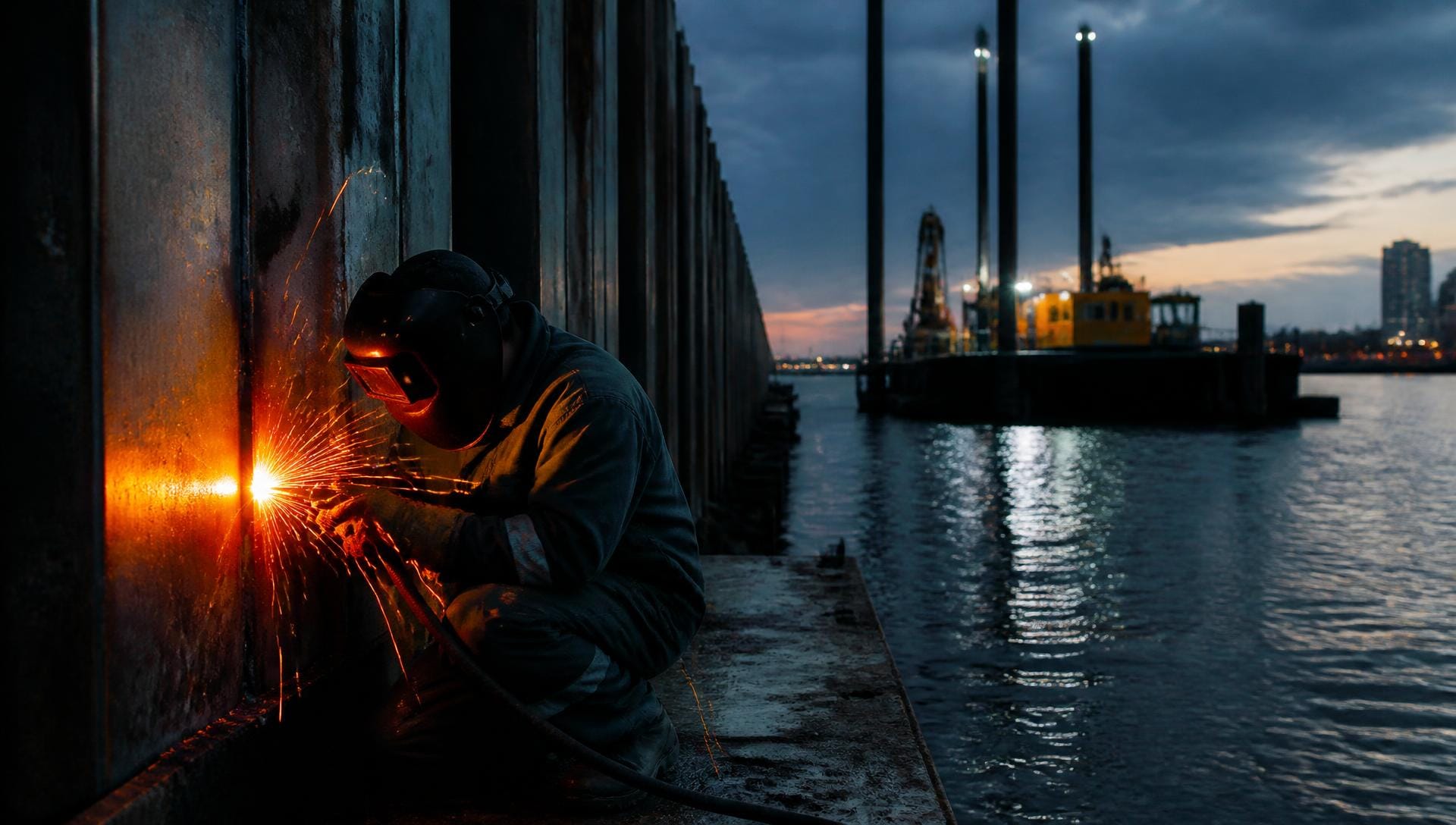 Lasser aan het werk aan een damwand langs het water